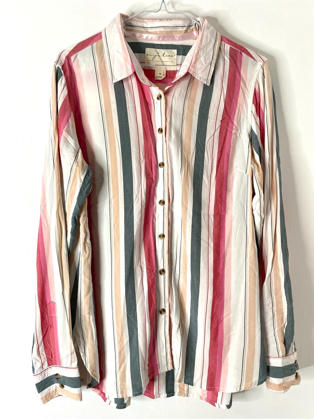 Evy's Tree Amy Stripe Button Up Shirt Pink Rayon Long Sleeve Boho